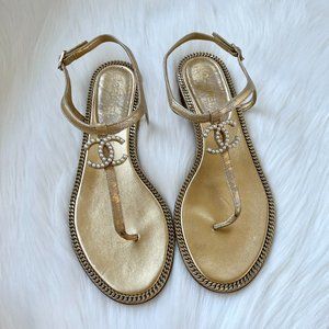 CHANEL Gold Pearl-Embellished T-Strap Sandals